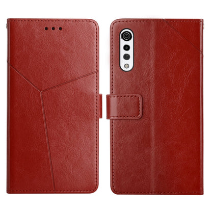 Red leather flip phone case with card slot and camera cutout, stitched diagonal panels
