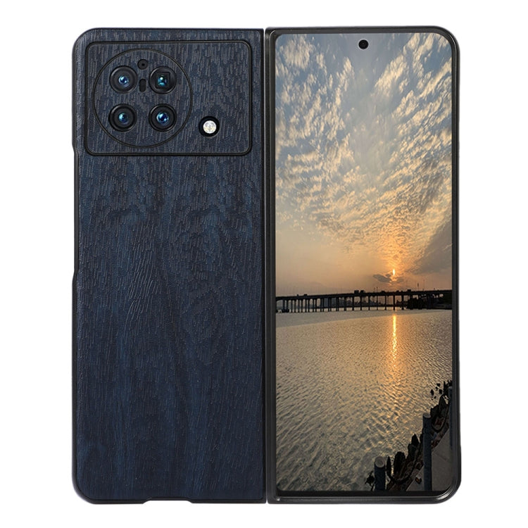 Wood-texture PU phone case with camera cutout, blue finish