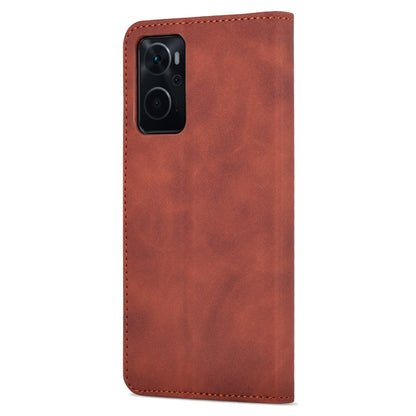 Brown calf-texture flip leather phone case with camera cutout and stitched border