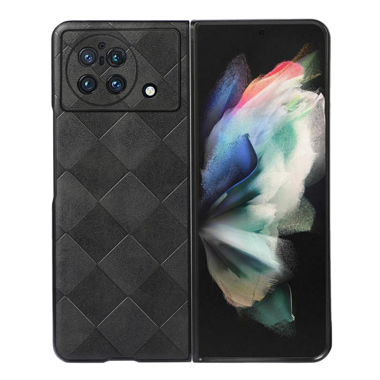 Black PU plaid phone case with diamond texture and camera cutouts for fold phone