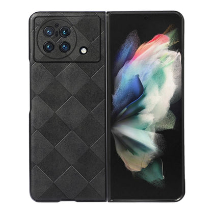 Black PU plaid phone case with diamond texture and camera cutouts for fold phone
