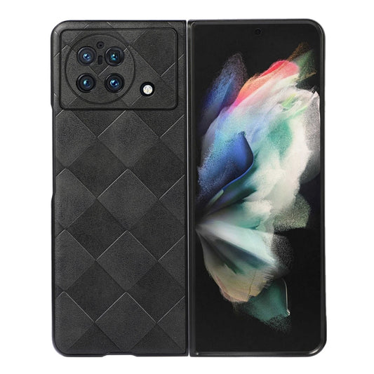 Black PU plaid phone case with diamond texture and camera cutouts for fold phone