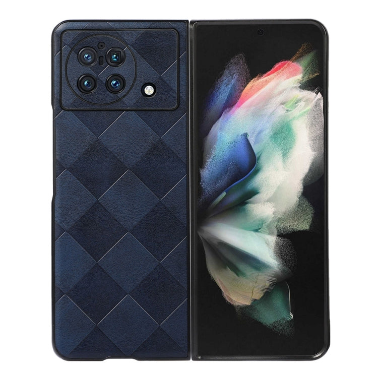 Blue PU plaid phone case with diamond texture and camera cutouts for fold phone