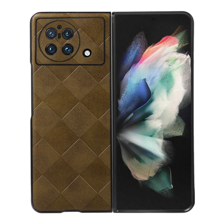 Brown PU plaid phone case with diamond texture and camera cutouts for fold phone