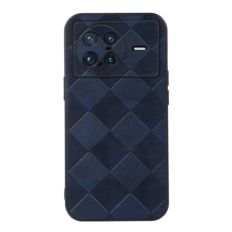 Blue PU plaid phone case with diamond texture, camera cutout, and side charging port