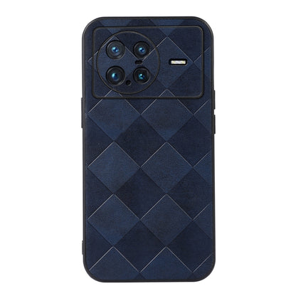 Blue PU plaid phone case with diamond texture, camera cutout, and side charging port