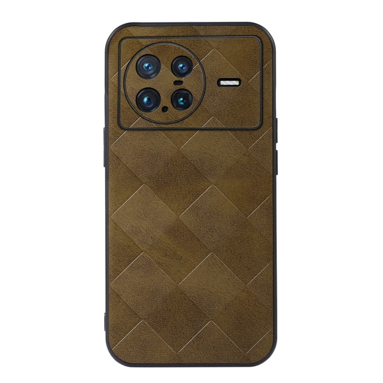Brown PU plaid phone case with diamond texture, camera cutout, and side charging port