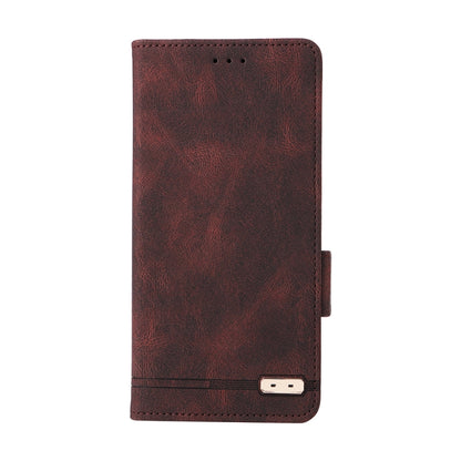 Brown leather flip phone case with magnetic clasp and stitched edge detail