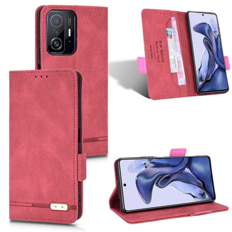Red leather folio phone case with magnetic clasp, card slots, and kickstand
