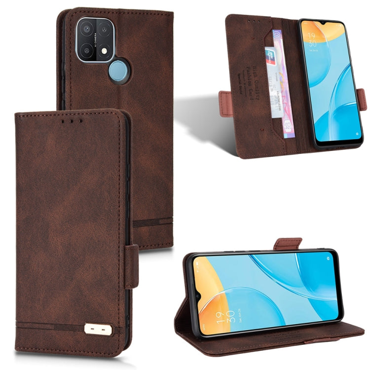 Brown leather flip phone case with magnetic clasp and camera cutout for phone