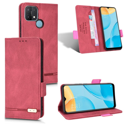Red leather flip phone case with magnetic clasp and card slot, front cover open