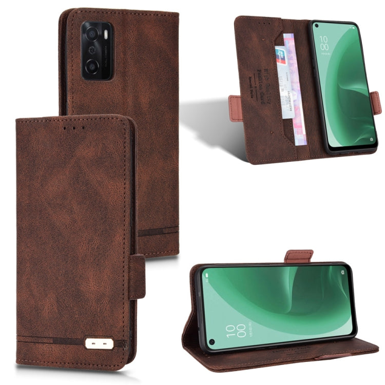 Brown leather flip phone case with magnetic clasp and card slot, front cover open