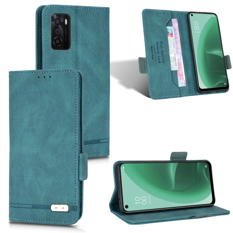 Teal leather flip phone case with magnetic clasp, card slot, and kickstand view