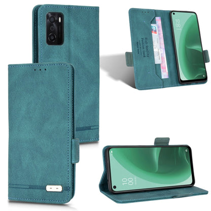 Teal leather flip phone case with magnetic clasp, card slot, and kickstand view