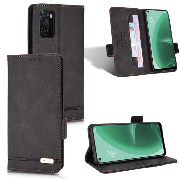 Dark gray leather flip phone case with magnetic clasp and card slot, front cover open