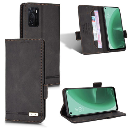 Dark gray leather flip phone case with magnetic clasp and card slot, front cover open