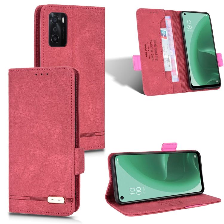 Pink leather flip phone case with magnetic clasp and card slot, front cover open