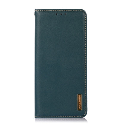 Green leather wallet phone case with stitched border and side logo