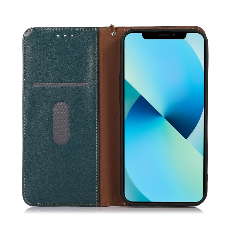 Green and brown leather wallet phone case opened with holder slot and strap