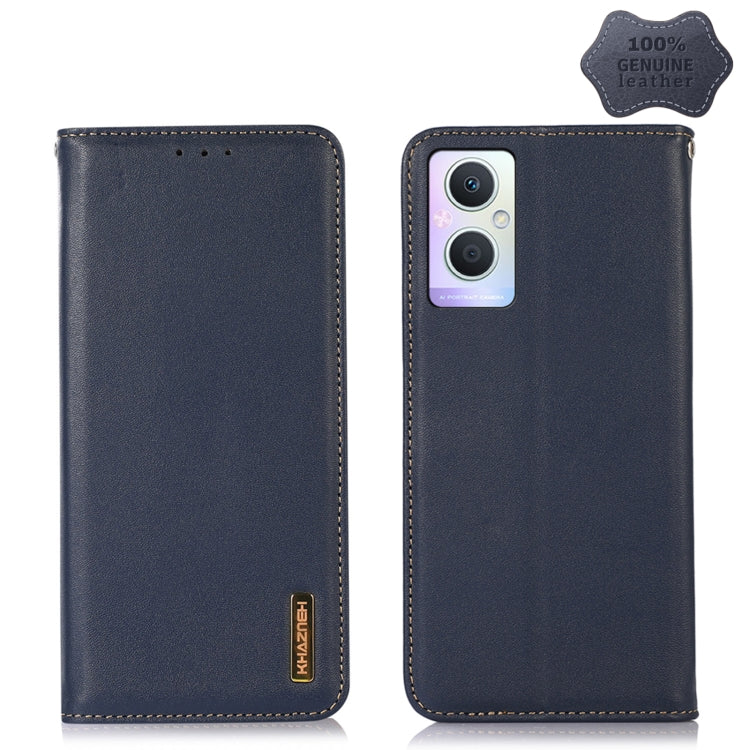 Blue leather phone case with back camera cutout and stitched edges, flip-style front.