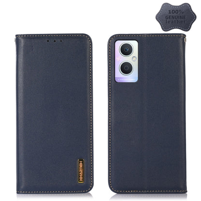 Blue leather phone case with back camera cutout and stitched edges, flip-style front.