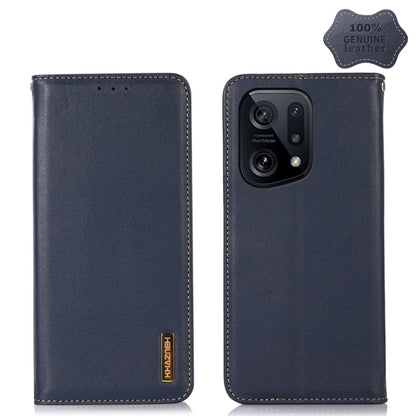 Dark blue leather phone case with back camera cutout and stitched edges, flip-style front.