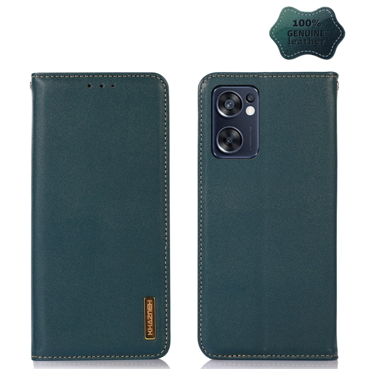 Green leather phone case with back camera cutout and stitched edges, flip-style front.