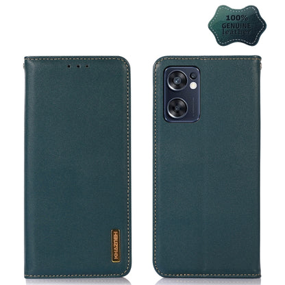 Green leather phone case with back camera cutout and stitched edges, flip-style front.