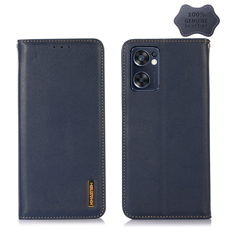 Dark blue leather phone case with back camera cutout and stitched edges, flip-style front.