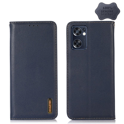 Dark blue leather phone case with back camera cutout and stitched edges, flip-style front.
