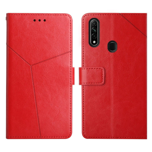 Red horizontal flip leather phone case with stitched geometric lines and speaker cutouts