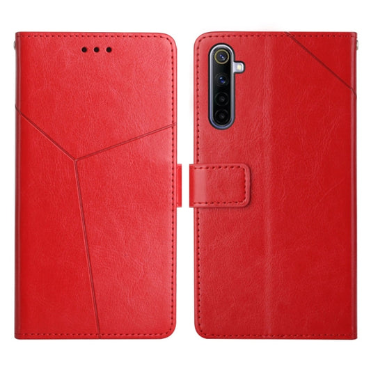 Flip leather phone case in red with geometric seam and camera cutout, magnetic closure.