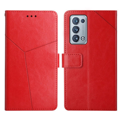 Red leather flip phone case with card strap and camera cutout, stitched horizontal design