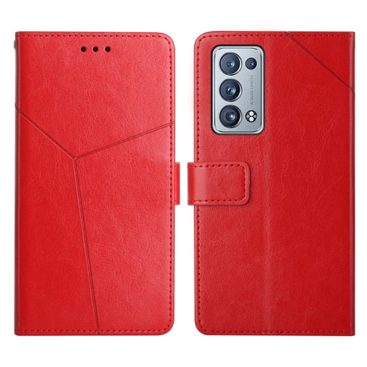 Red leather flip phone case with card strap and camera cutout, stitched horizontal design