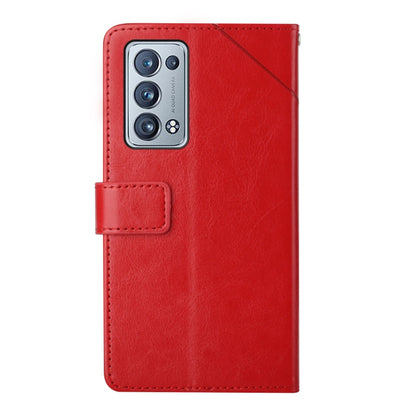 Red leather flip phone case with camera cutout and foldover strap pocket