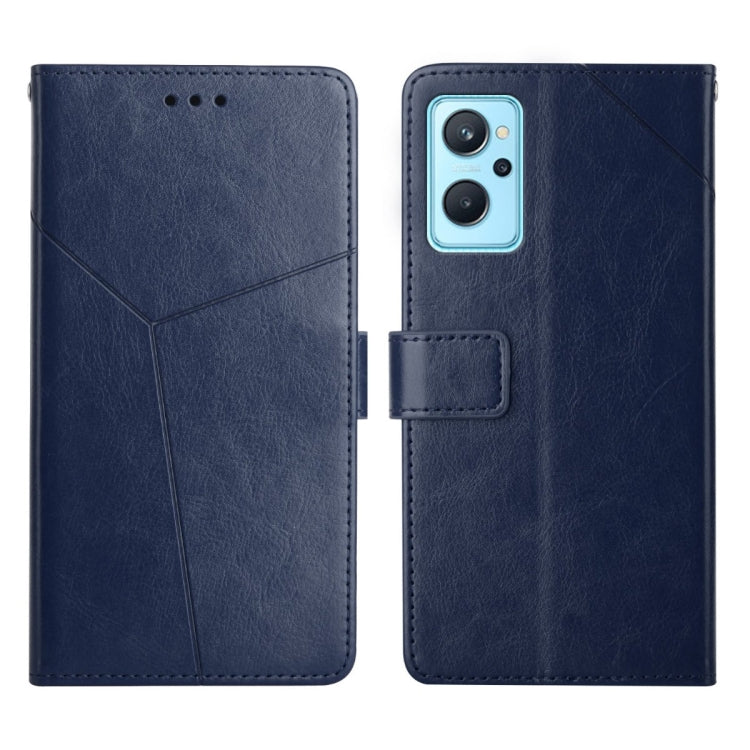 Blue leather flip phone case with stitched design and camera cutout