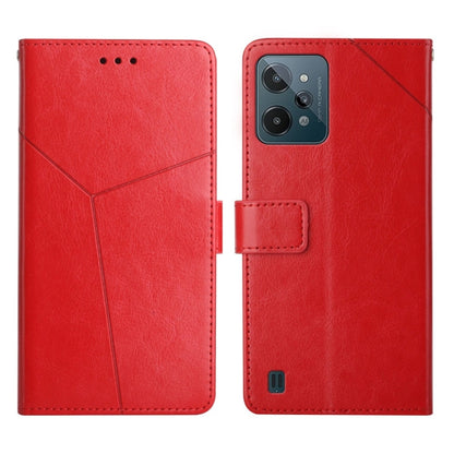 Red leather flip phone case with stitched design and camera cutout