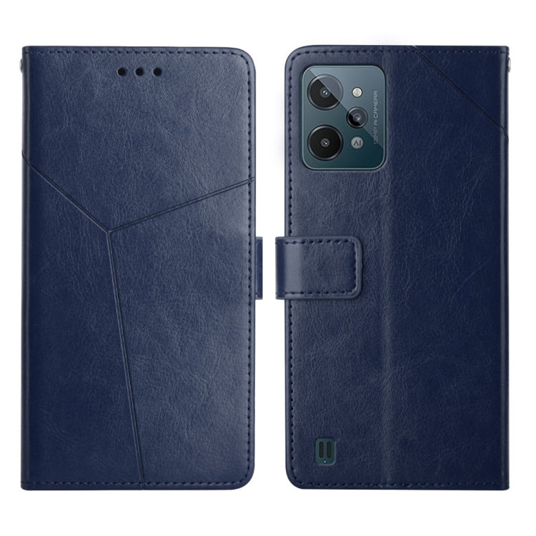 Blue leather flip phone case with stitched design and camera cutout