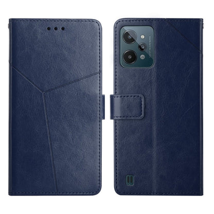 Blue leather flip phone case with stitched design and camera cutout