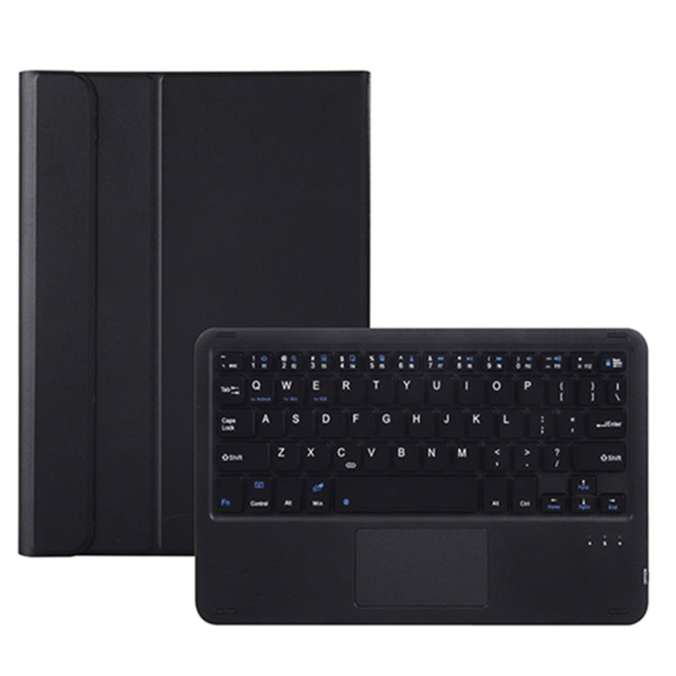 Ultra-thin Bluetooth keyboard leather case with touchpad, dark, cover open and keyboard visible.
