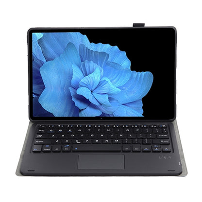Ultra-thin Bluetooth keyboard leather case with touchpad, dark, keyboard open on tablet screen.
