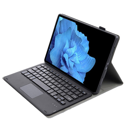 Ultra-thin Bluetooth keyboard leather case with touchpad, dark clamshell, keyboard angled for viewing.