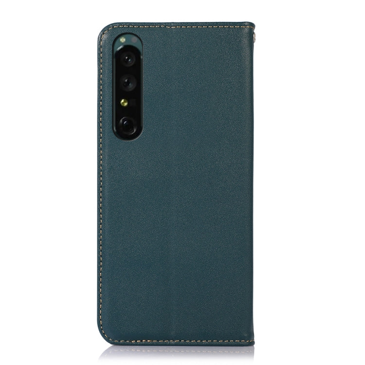 Green leather phone case with dual camera cutout and stitched edge trim