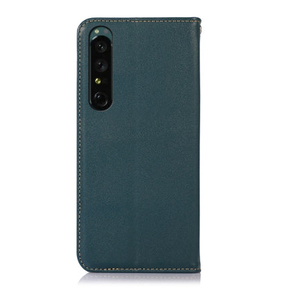 Green leather phone case with dual camera cutout and stitched edge trim