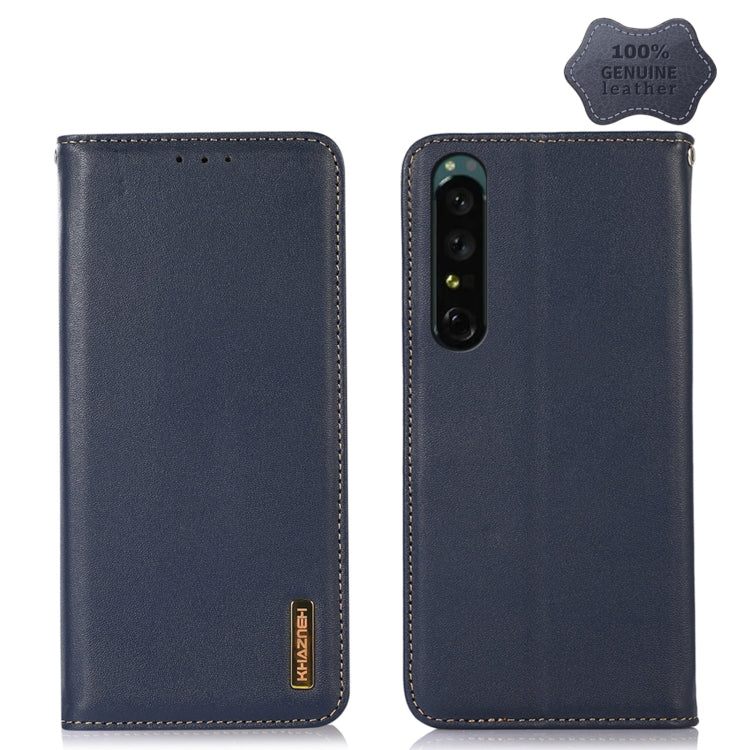 Dark blue leather phone case with stitched edges and dual camera cutout