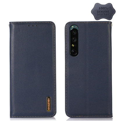 Dark blue leather phone case with stitched edges and dual camera cutout