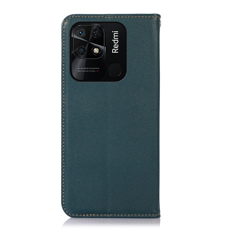 KHAZNEH green leather phone case with camera cutout and “Redmi” marking on back
