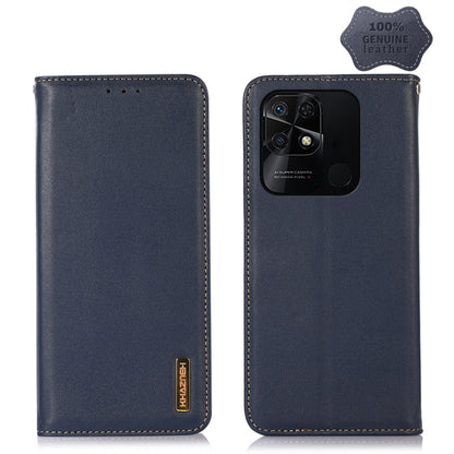 Navy leather flip phone case with stitched border and rear camera cutout