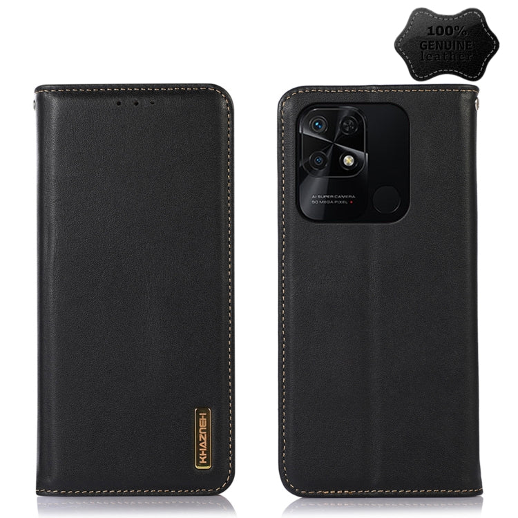 Black leather phone case with folio cover, camera cutout, and contrast tan edge stitching