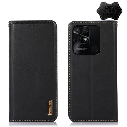 Black leather phone case with folio cover, camera cutout, and contrast tan edge stitching